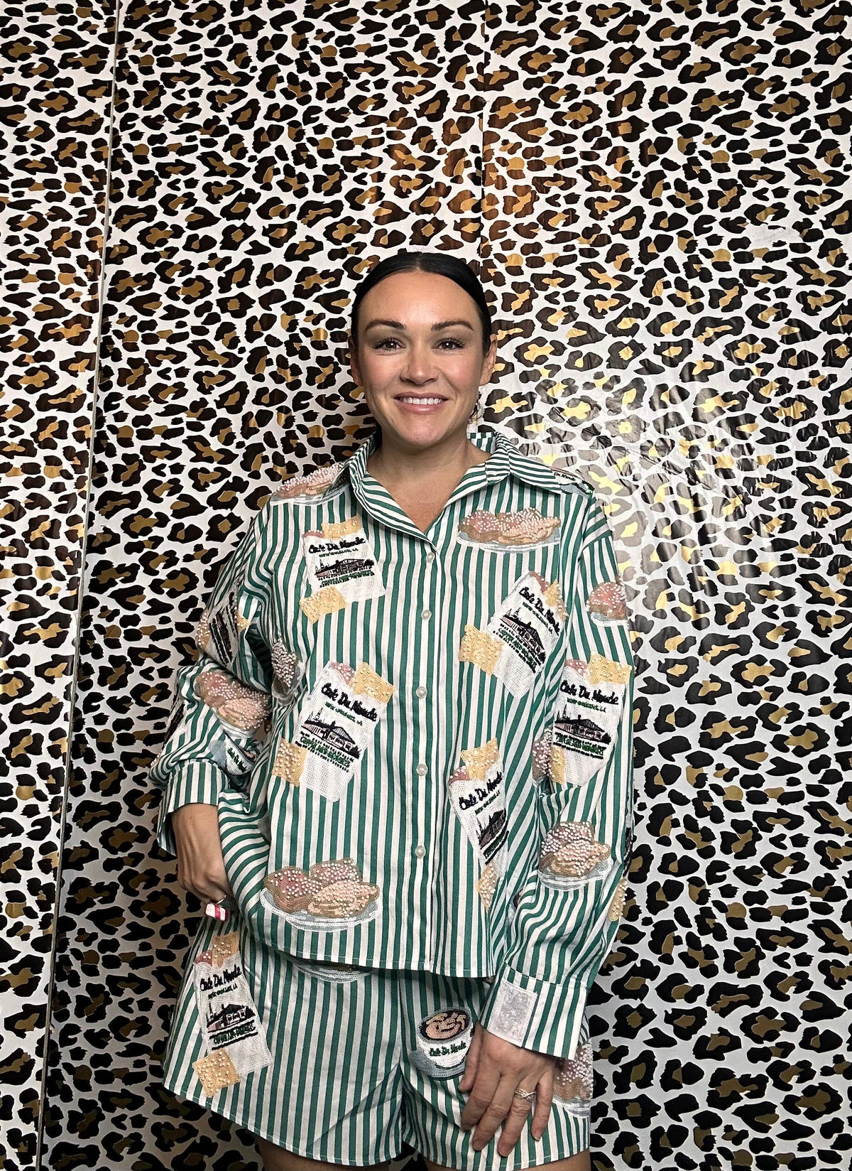 Queen of Sparkles Green & White Stripe Café Du Monde Icon Button Up Top