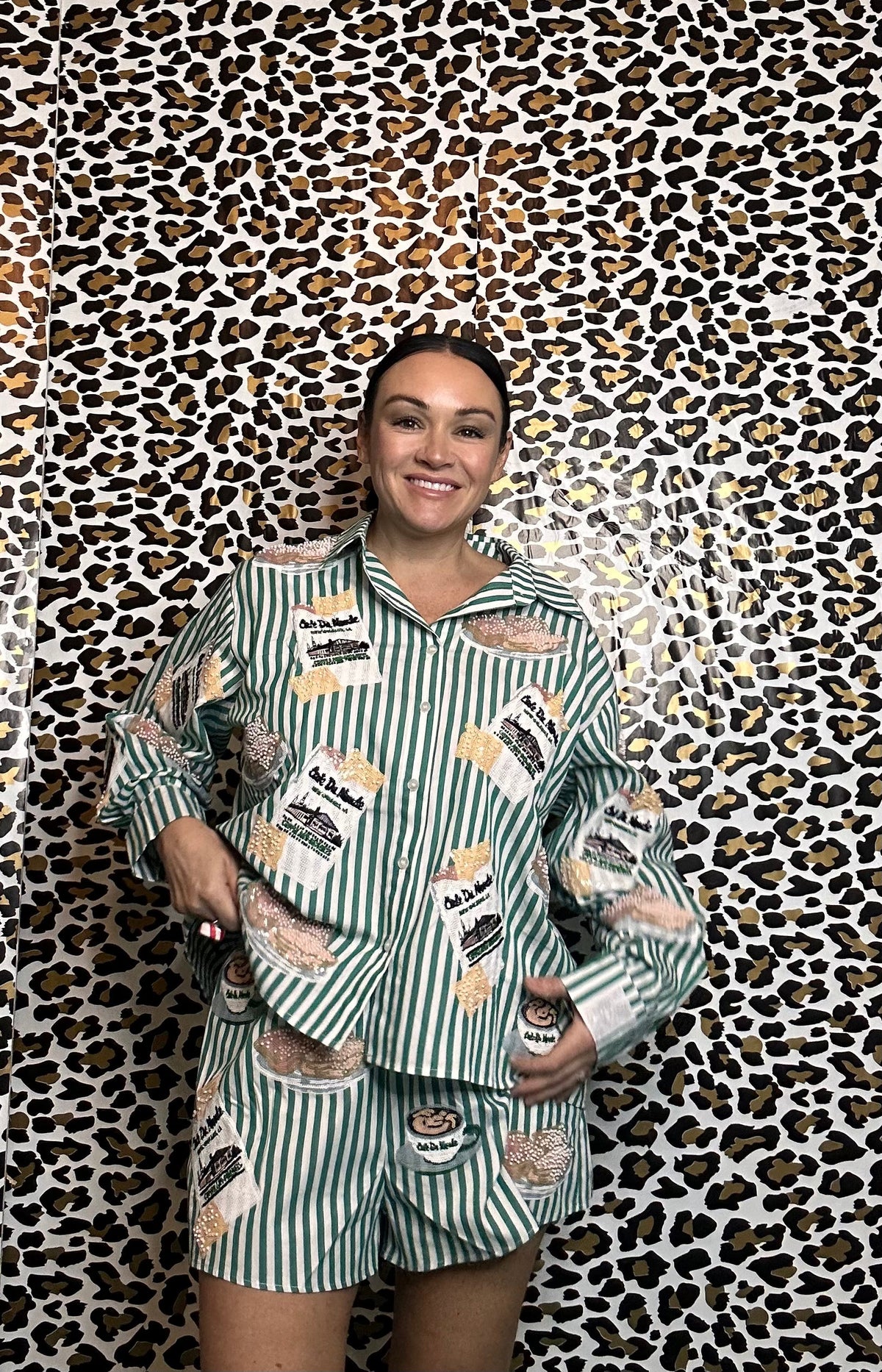 Queen of Sparkles Green & White Stripe Café Du Monde Icon Button Up Top