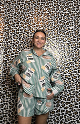 Queen of Sparkles Green & White Stripe Café Du Monde Icon Button Up Top
